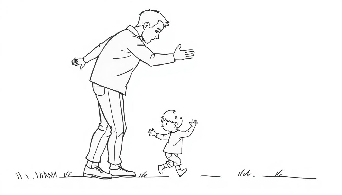 Kleurplaat van een volwassene die klaarstaat om een kind op te vangen, met beide in een eenvoudige zwart-witte lijntekening.