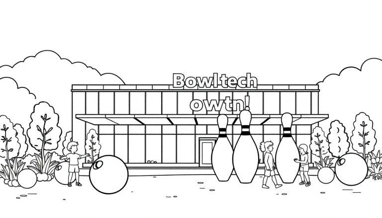Kleurplaat van een bowlinghal met grote bowlingballen en pins, omgeven door bomen en struiken, met kinderen die plezier hebben.