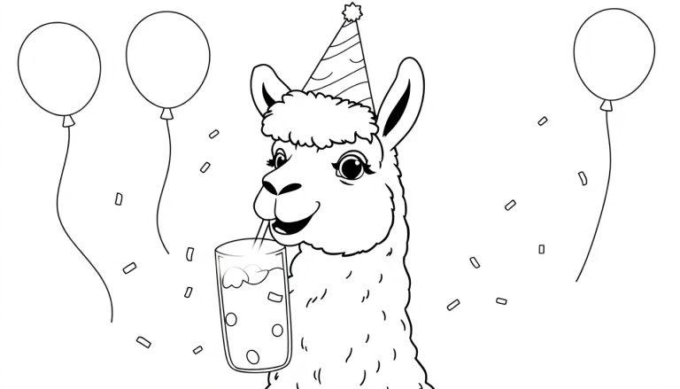 Vrolijke feestende lama met een feesthoedje, limonade en ballonnen op een kleurplaat
