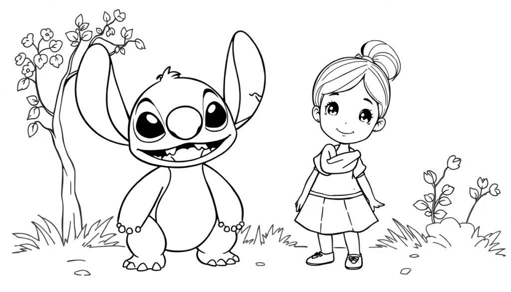 Een kleurplaat van Stitch en een meisje in een tuin met bloemen en bomen, klaar om ingekleurd te worden.