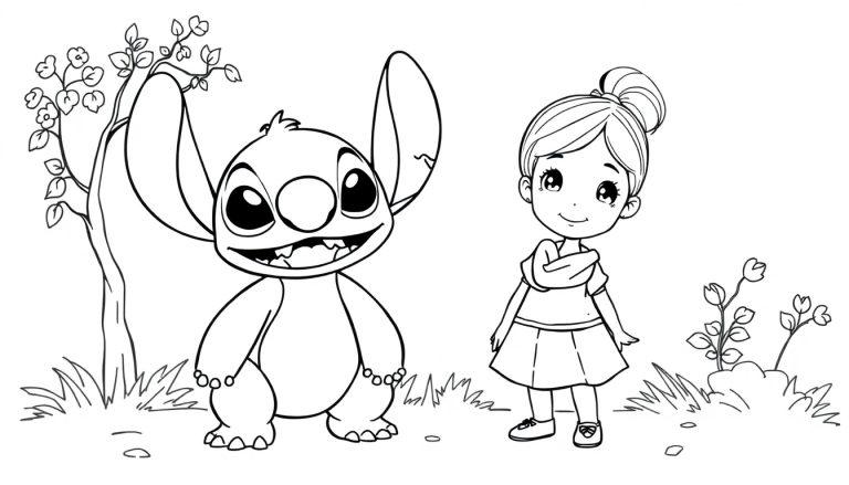 Een kleurplaat van Stitch en een meisje in een tuin met bloemen en bomen, klaar om ingekleurd te worden.