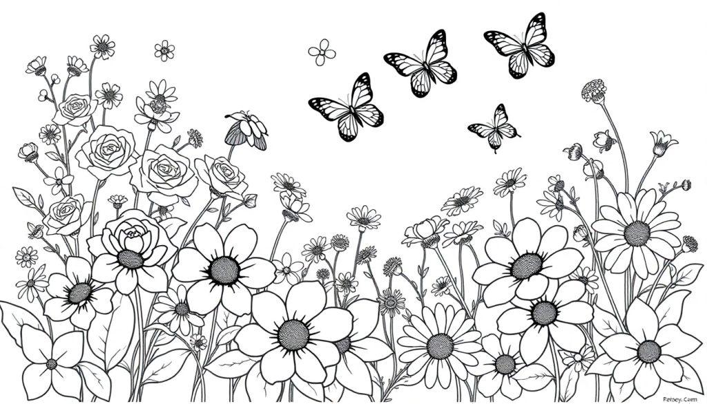 Zwart-wit kleurplaat van een bloemrijke weide met bloemen, vlinders en een bij, ideaal om in te kleuren.