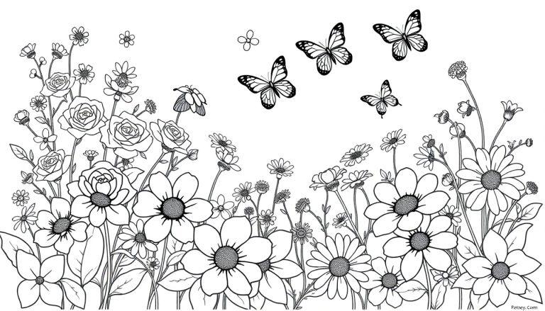 Zwart-wit kleurplaat van een bloemrijke weide met bloemen, vlinders en een bij, ideaal om in te kleuren.