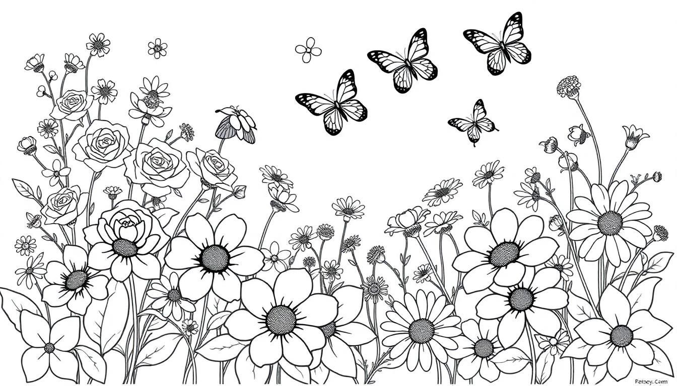 Zwart-wit kleurplaat van een bloemrijke weide met bloemen, vlinders en een bij, ideaal om in te kleuren.