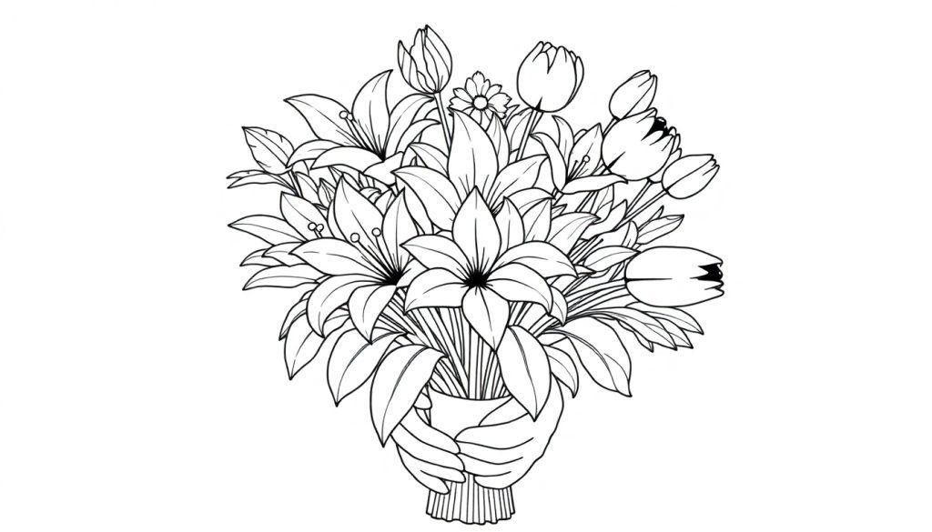 Kleurplaat van een grote bos bloemen die wordt vastgehouden door twee handen, klaar om ingekleurd te worden.