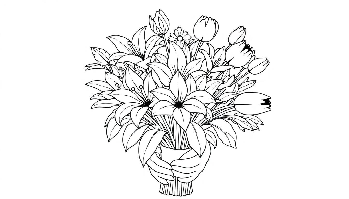 Kleurplaat van een grote bos bloemen die wordt vastgehouden door twee handen, klaar om ingekleurd te worden.