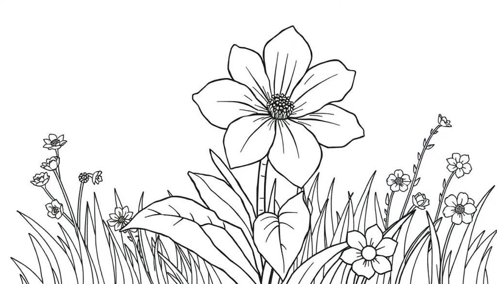Een eenvoudige kleurplaat van bloemen in een weide met één grote bloem en kleinere bloemen, klaar om in te kleuren.