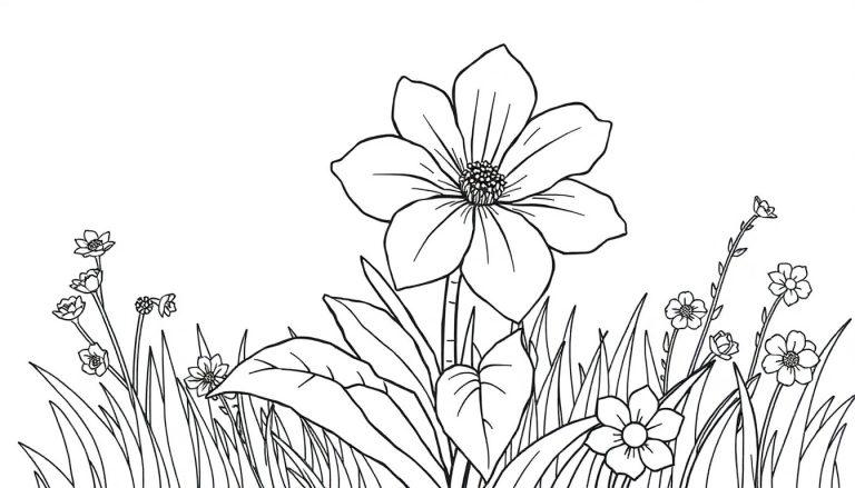 Een eenvoudige kleurplaat van bloemen in een weide met één grote bloem en kleinere bloemen, klaar om in te kleuren.