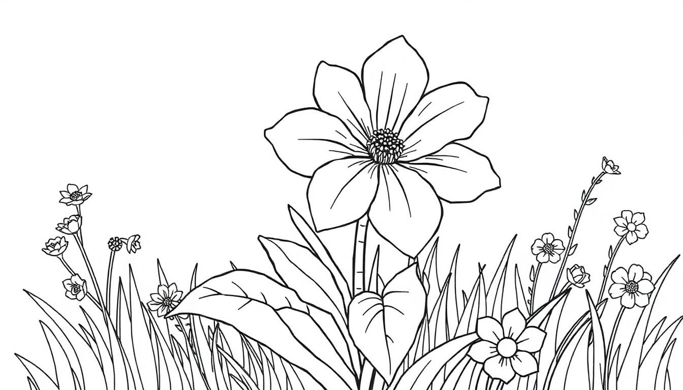 Een eenvoudige kleurplaat van bloemen in een weide met één grote bloem en kleinere bloemen, klaar om in te kleuren.