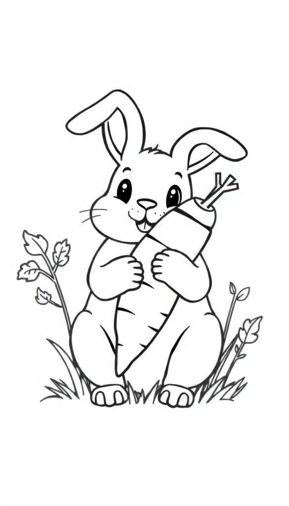 Schattige getekende konijn in zwart-wit met grote oren, vrolijk met een wortel in zijn poot, op een kleurplaat achtergrond met gras en bladeren.
