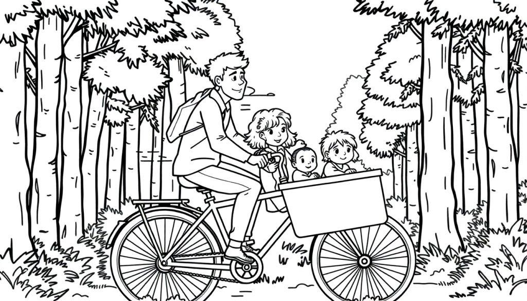 Een kleurplaat van een vrolijke man op een bakfiets met drie kinderen in een bos