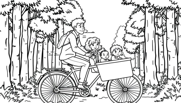 Een kleurplaat van een vrolijke man op een bakfiets met drie kinderen in een bos