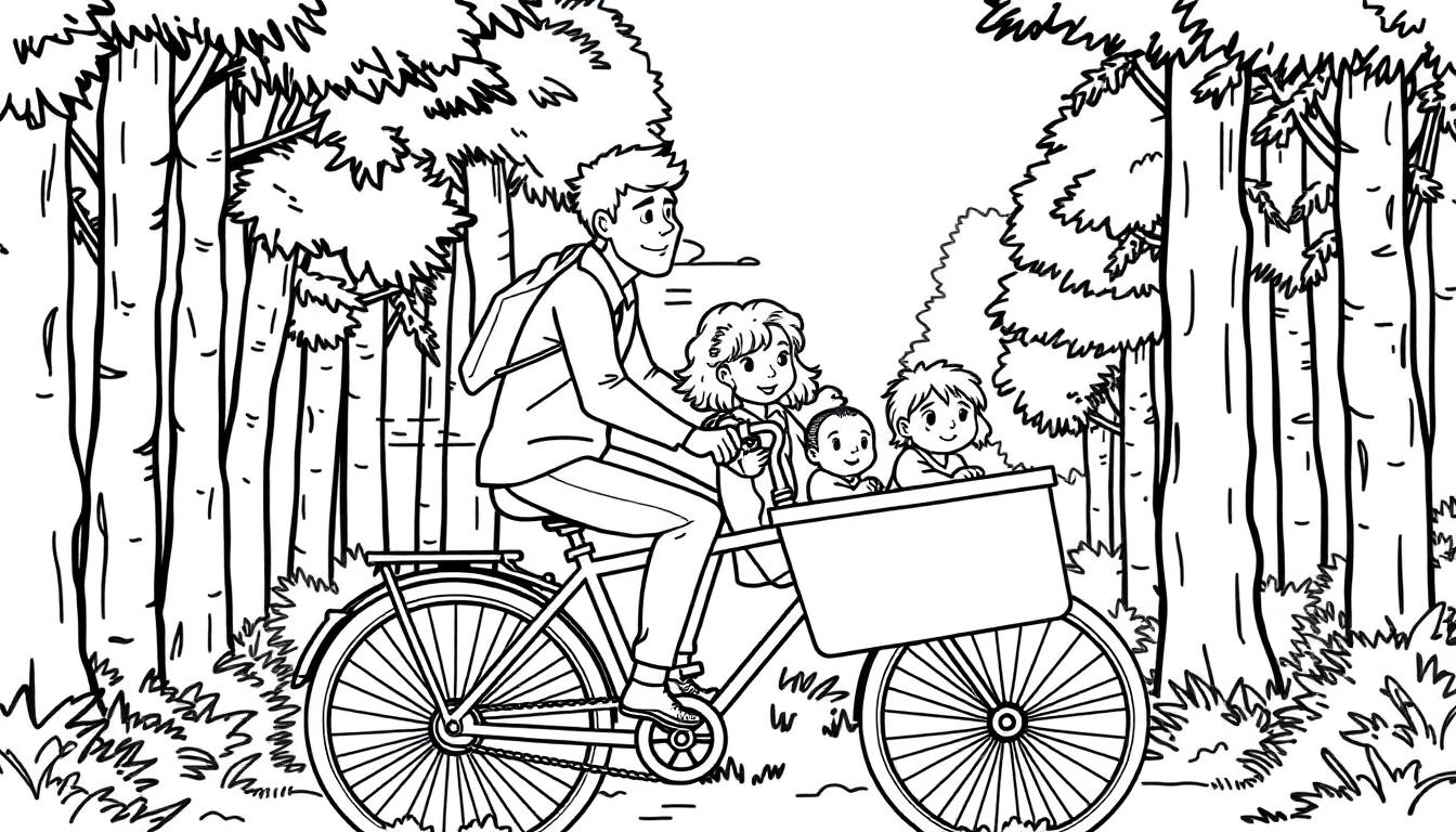 Een kleurplaat van een vrolijke man op een bakfiets met drie kinderen in een bos