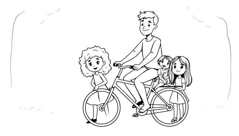 Kleurplaat van een man met drie kinderen op een fiets in een bos, vrolijk en speels.