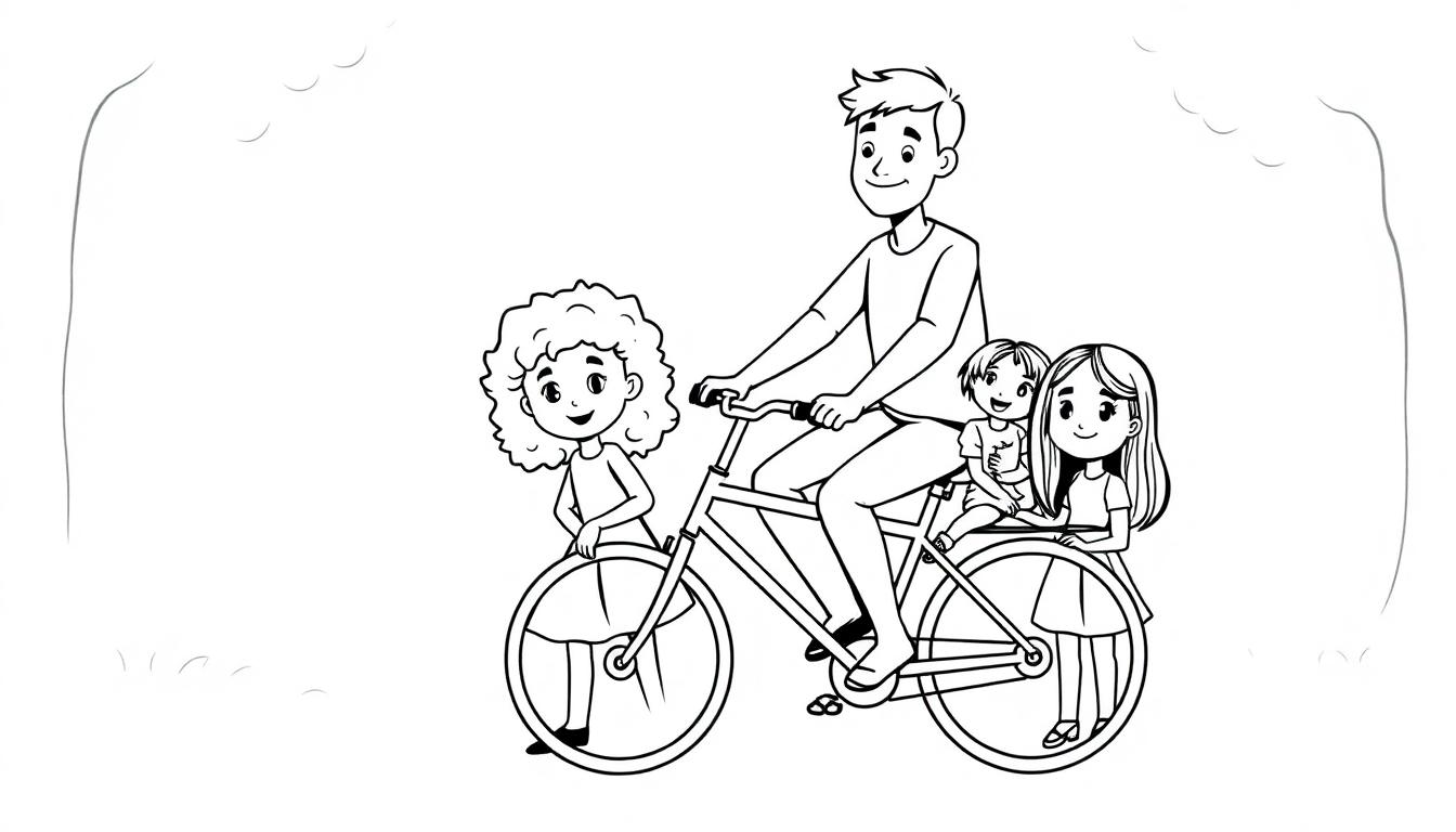 Kleurplaat van een man met drie kinderen op een fiets in een bos, vrolijk en speels.