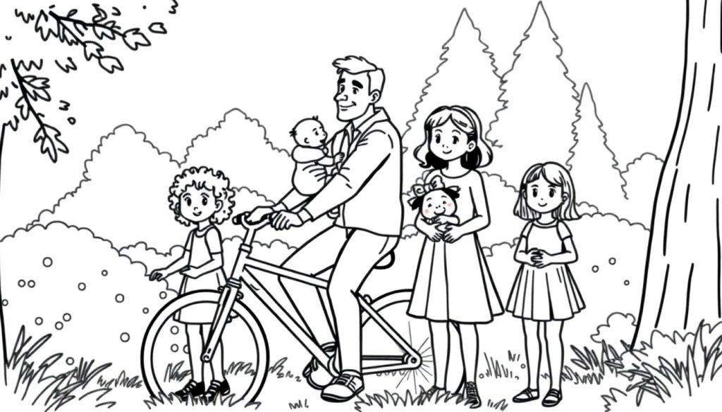 Kleurplaat van een gezin in het bos: papa op bakfiets met drie meisjes en een baby, omgeven door bomen en gras.