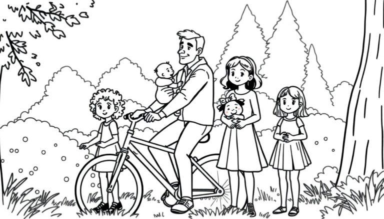 Kleurplaat van een gezin in het bos: papa op bakfiets met drie meisjes en een baby, omgeven door bomen en gras.