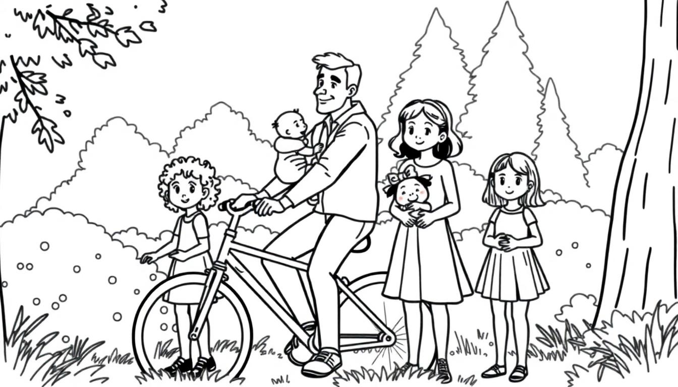 Kleurplaat van een gezin in het bos: papa op bakfiets met drie meisjes en een baby, omgeven door bomen en gras.