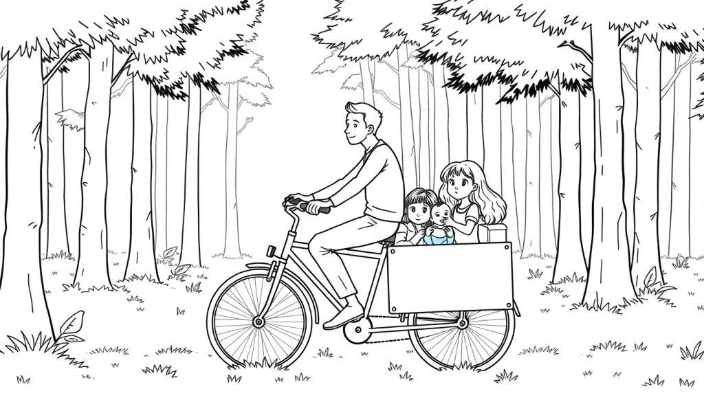 Kleurplaat van een man op een bakfiets met drie kinderen in het bos.