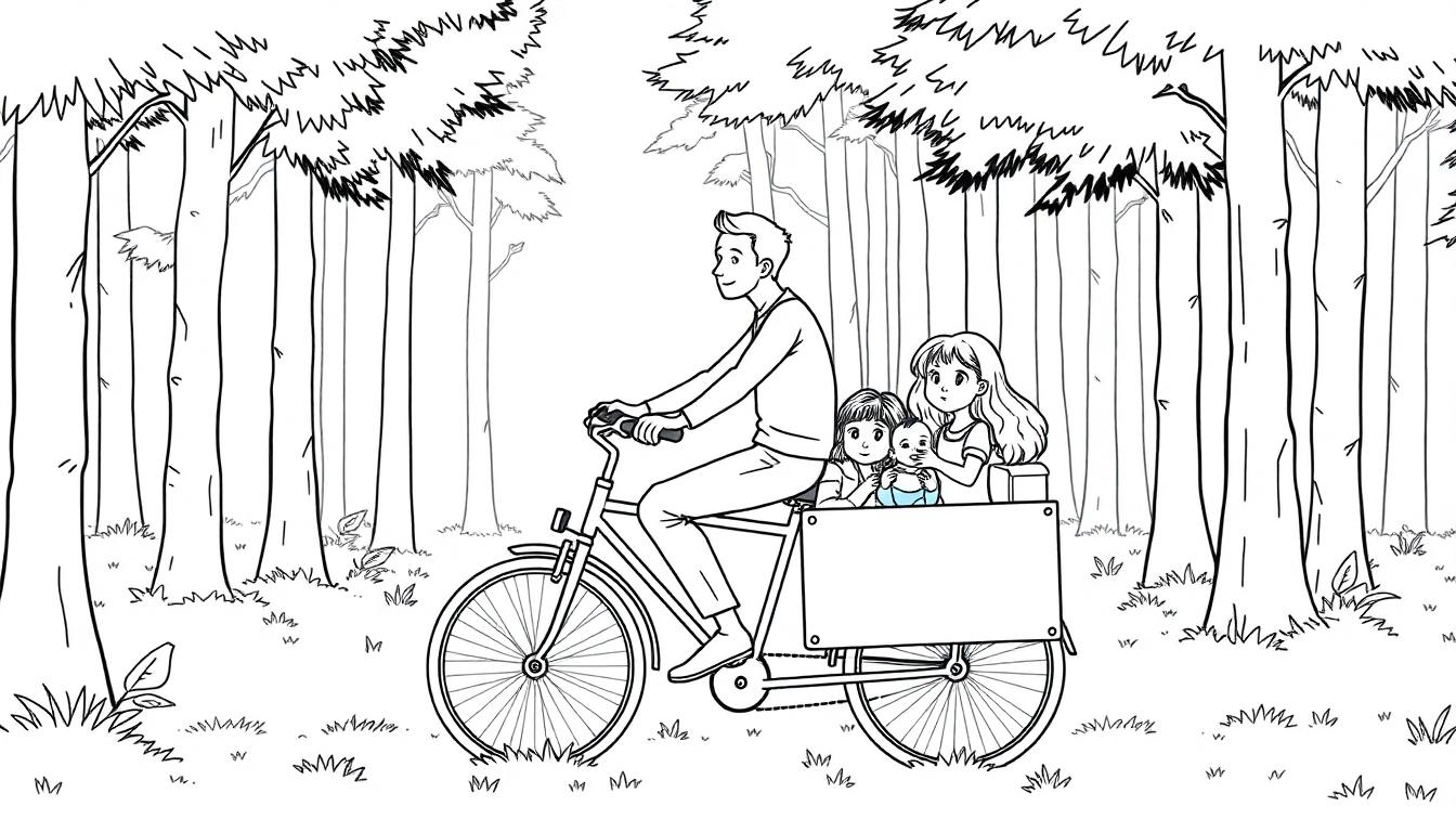 Kleurplaat van een man op een bakfiets met drie kinderen in het bos.