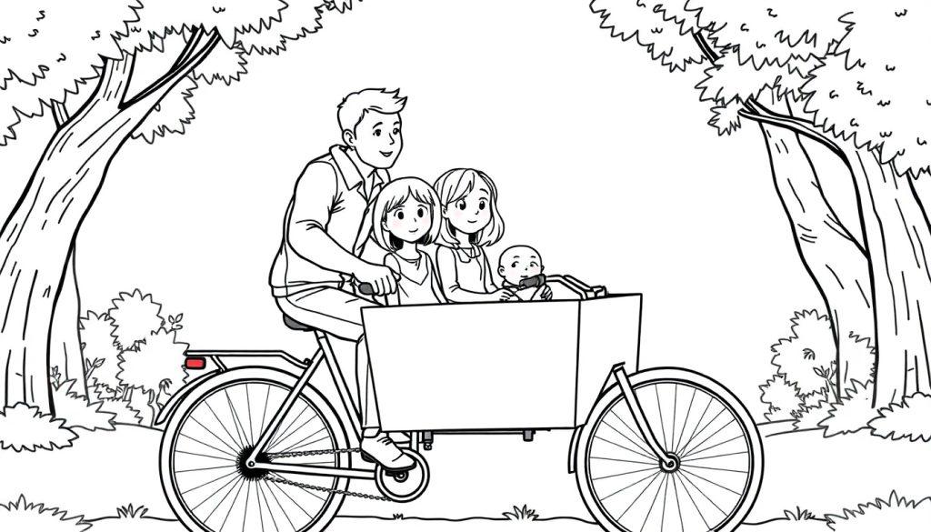 Een kleurplaat van een gezin op een bakfiets in het bos, met drie kinderen en de natuur om hen heen.