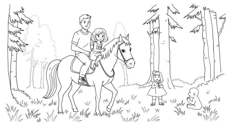 Kleurplaat van een bosachtig landschap met een man op een paard, een meisje met krullend haar, een meisje met stijl haar en een baby die samen genieten in de natuur.