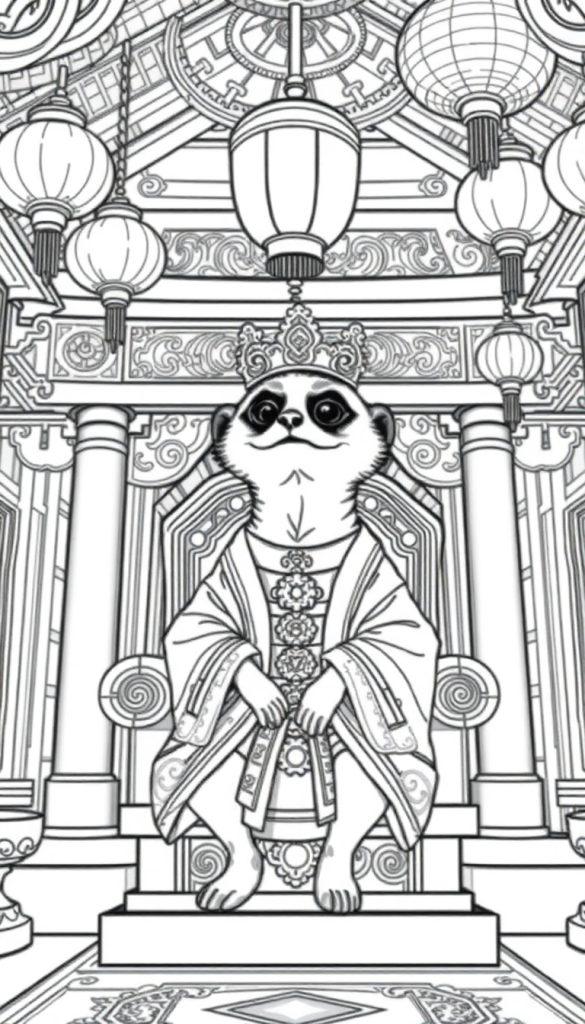 Deze kleurplaat toont een stokstaartje in een mooie keizerlijke outfit zittend op een grote troon, omringd door Oosterse architectuur en decoraties.