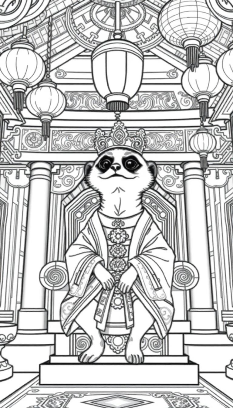 Deze kleurplaat toont een stokstaartje in een mooie keizerlijke outfit zittend op een grote troon, omringd door Oosterse architectuur en decoraties.