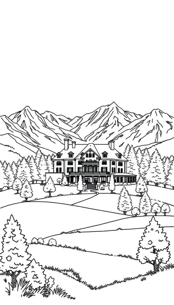 Kleurplaat van een schilderachtig landschap met een groot landhuis, bergen op de achtergrond en omringende bomen en gras.