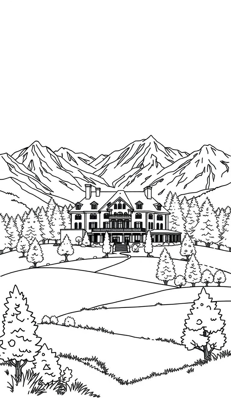 Kleurplaat van een schilderachtig landschap met een groot landhuis, bergen op de achtergrond en omringende bomen en gras.