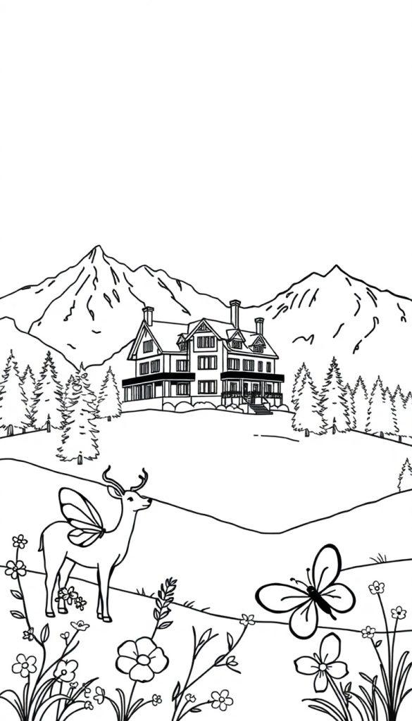 Kleurplaat van een sprookjesachtig landschap met een groot huis, bomen, bergen, een vleugels-hert, bloemen en een grote vlinder.