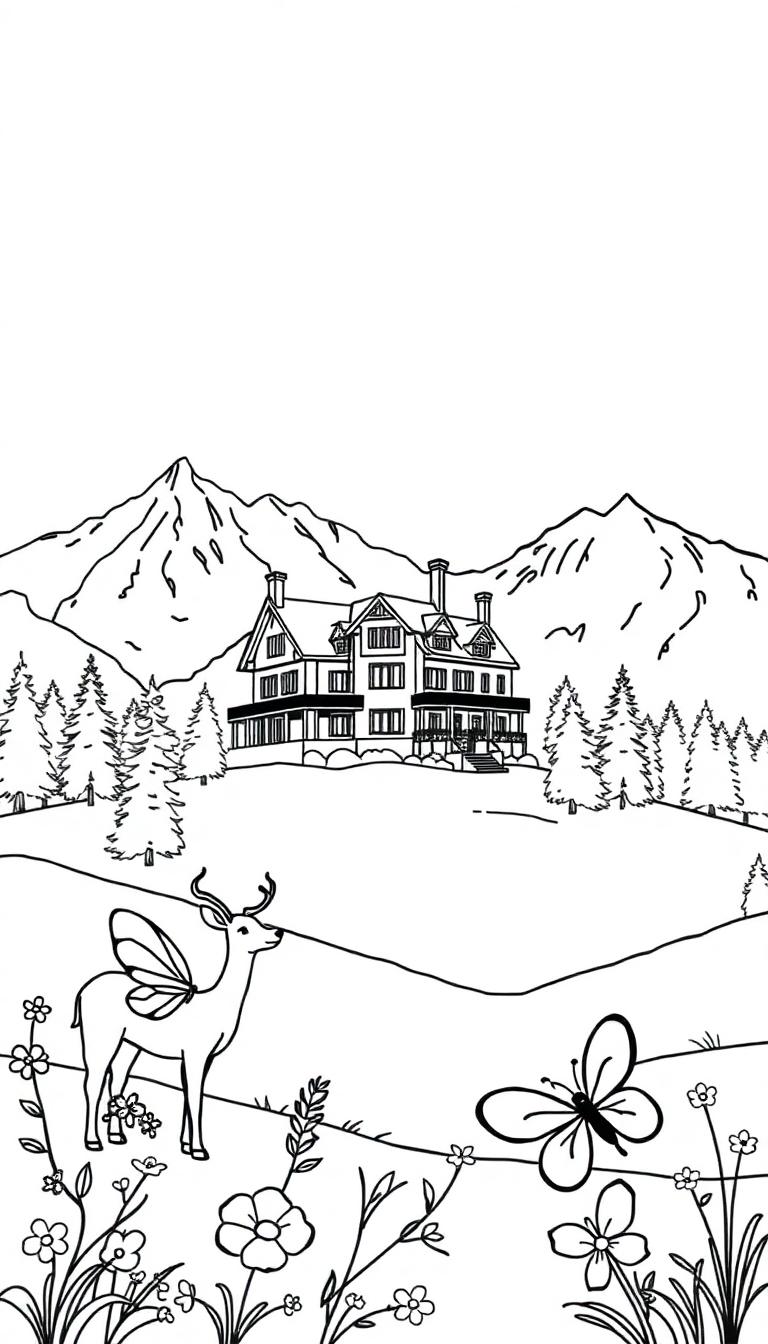 Kleurplaat van een sprookjesachtig landschap met een groot huis, bomen, bergen, een vleugels-hert, bloemen en een grote vlinder.