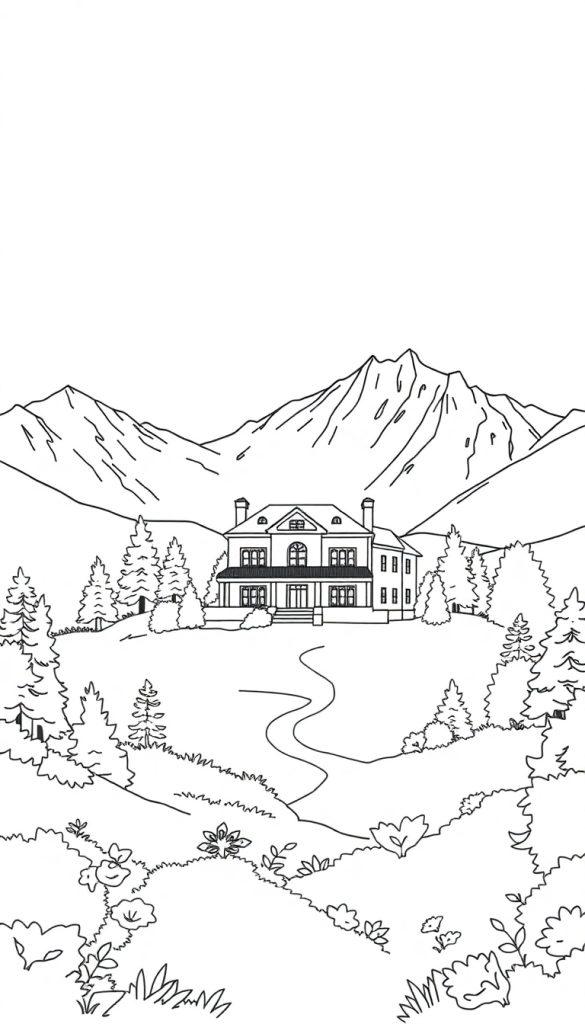 Kleurplaat van een landschap met een groot huis, bomen, bergen, een kronkelend pad, struiken en bloemen