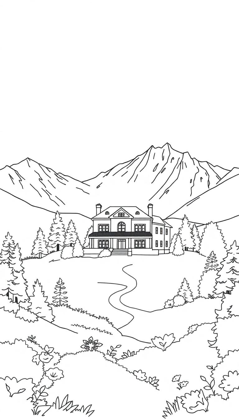 Kleurplaat van een landschap met een groot huis, bomen, bergen, een kronkelend pad, struiken en bloemen