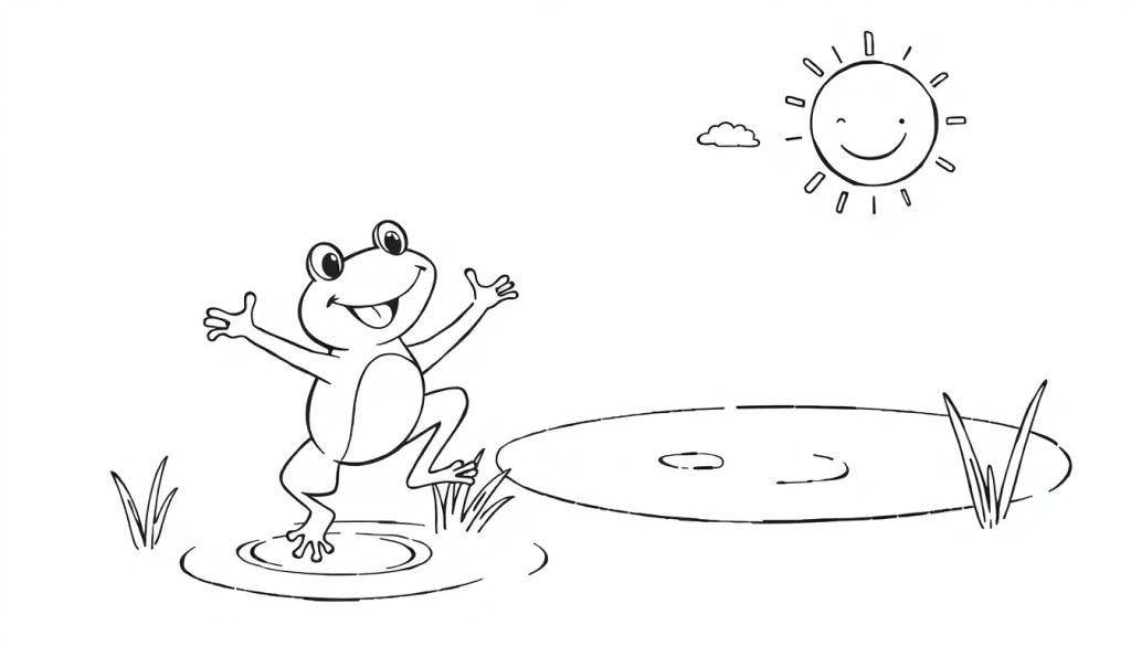Kleurplaat van een vrolijke kikker die op één been staat in een plas water, met een lachende zon, een wolk, een vijver en gras op de achtergrond.