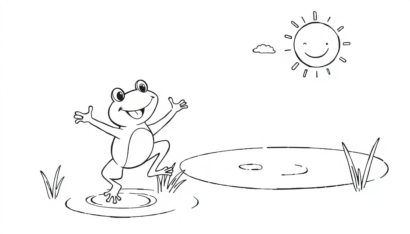 Kleurplaat van een vrolijke kikker die op één been staat in een plas water, met een lachende zon, een wolk, een vijver en gras op de achtergrond.