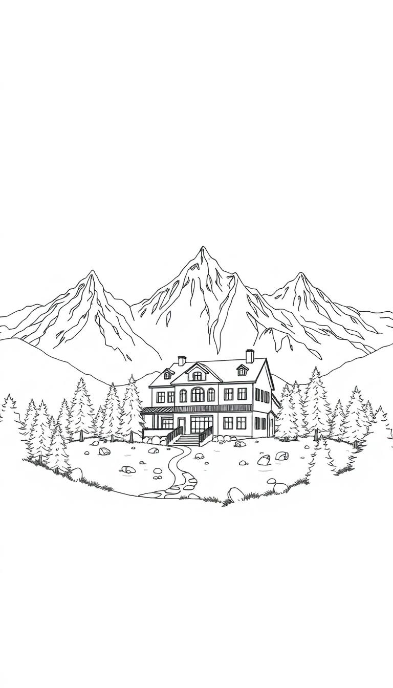 Kleurplaat van een idyllisch landschap met een groot huis, bergen, dennenbomen en stenen.