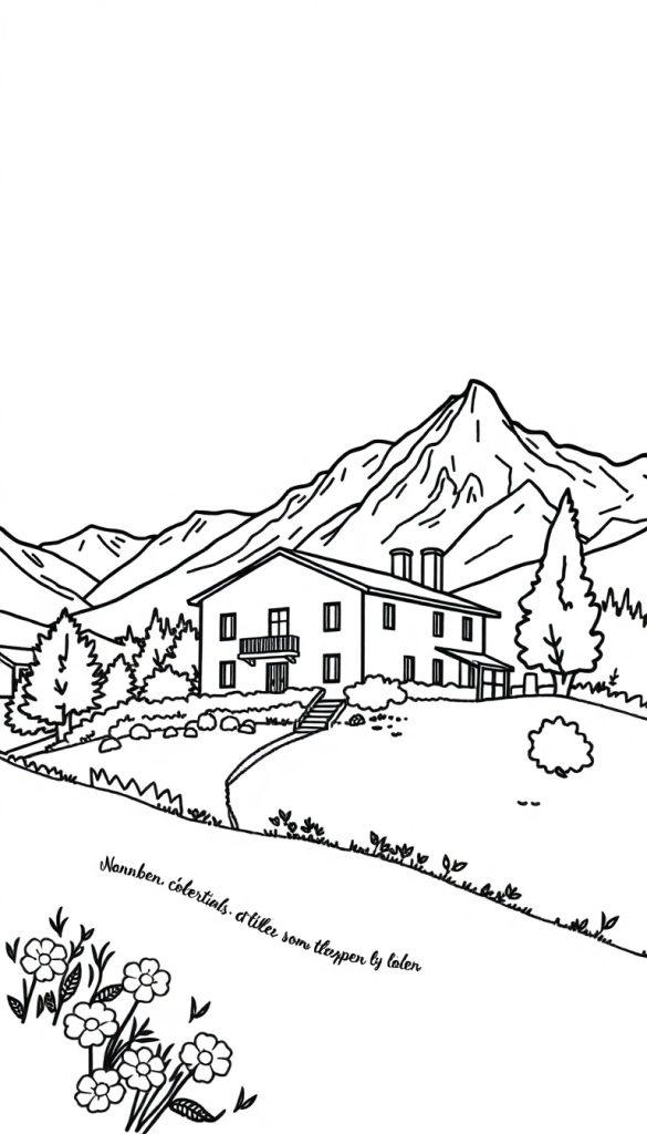 Kleurplaat van een huis in een bergachtig landschap met bomen, bloemen en een pad