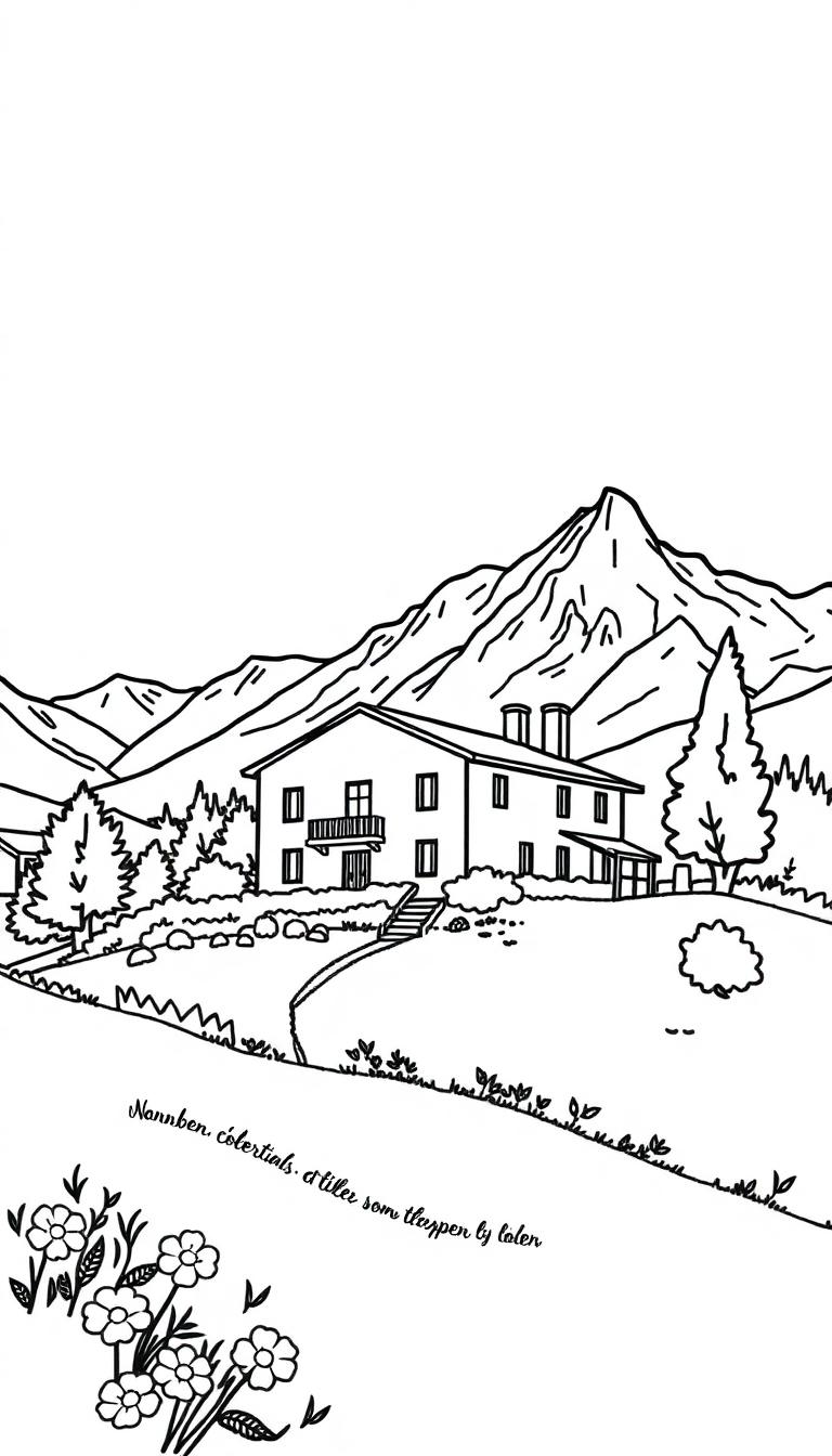 Kleurplaat van een huis in een bergachtig landschap met bomen, bloemen en een pad