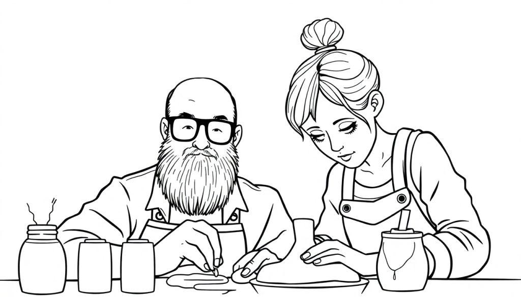 Kleurplaat van een man met baard en een vrouw die samen knutselen met klei en gereedschap.