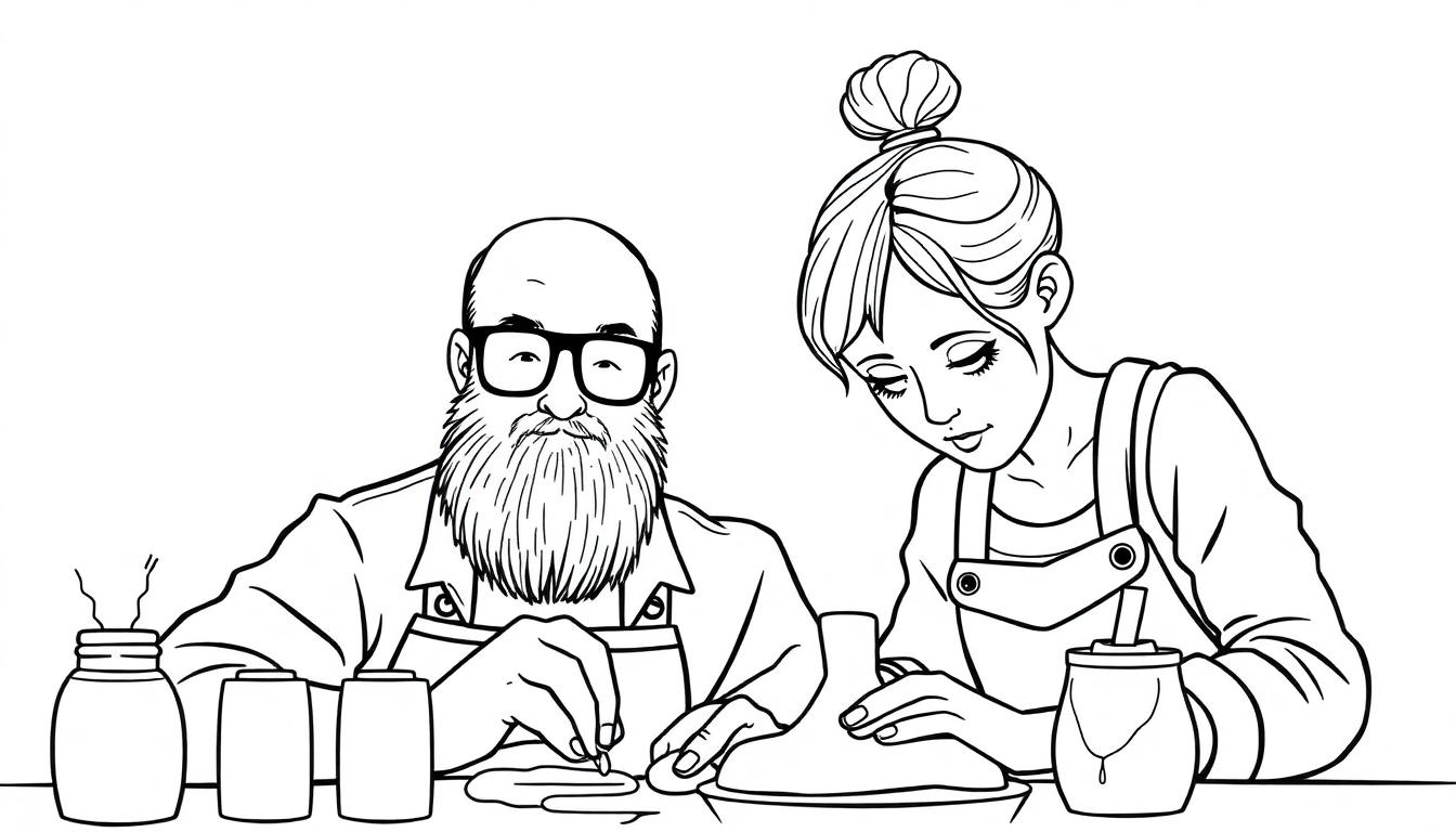 Kleurplaat van een man met baard en een vrouw die samen knutselen met klei en gereedschap.
