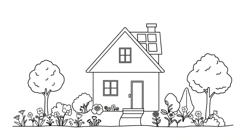 Kleurplaat van een huis met een schuin dak, schoorsteen, deuren, ramen en bloemen, struiken en bomen eromheen.