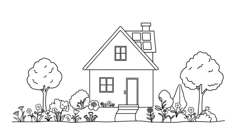 Kleurplaat van een huis met een schuin dak, schoorsteen, deuren, ramen en bloemen, struiken en bomen eromheen.