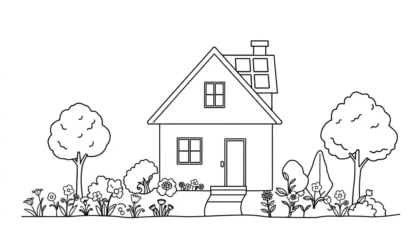 Kleurplaat van een huis met een schuin dak, schoorsteen, deuren, ramen en bloemen, struiken en bomen eromheen.