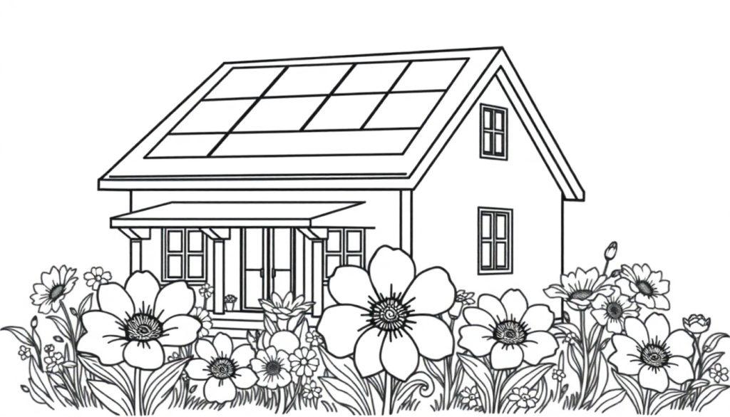 Kleurplaat van een huis met zonnepanelen en grote bloemen in de tuin.