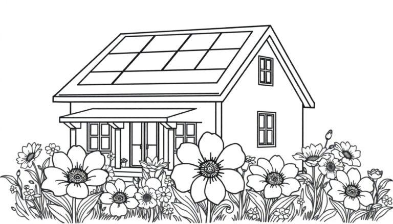 Kleurplaat van een huis met zonnepanelen en grote bloemen in de tuin.