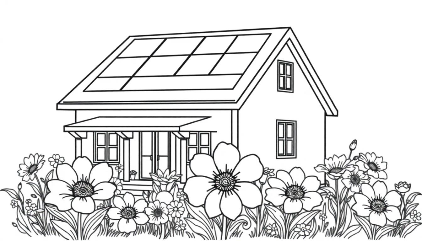 Kleurplaat van een huis met zonnepanelen en grote bloemen in de tuin.