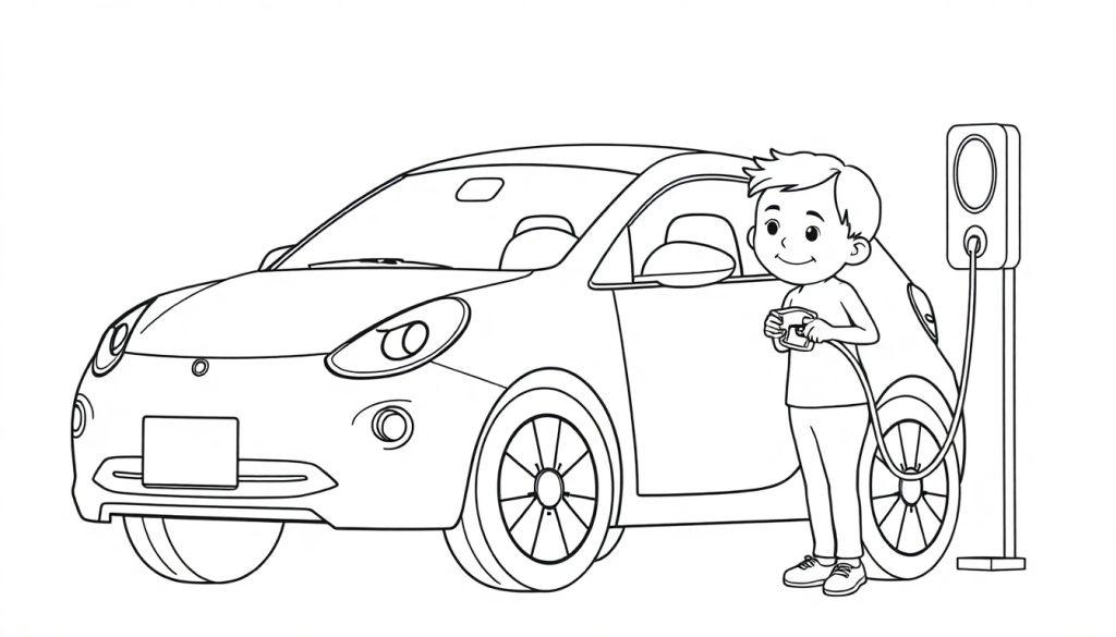 Kleurplaat van een kind dat een elektrische auto oplaadt bij een laadpaal.