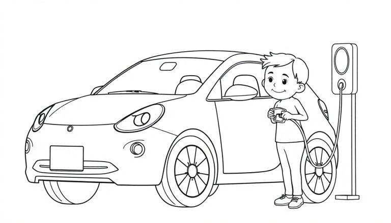 Kleurplaat van een kind dat een elektrische auto oplaadt bij een laadpaal.