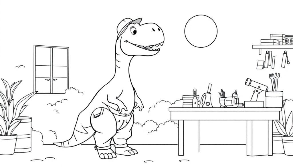 Kleurplaat van een vrolijke dinosaurus met hoed en broek, binnen in een kamer met een raam, planten, een tafel met boeken en kantoorbenodigdheden, en een zonnige achtergrond.